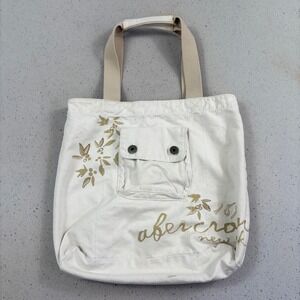 Abercrombie Canvas Tote Bag Cream Graphic Logo Floral Front Pocket Vintage Style